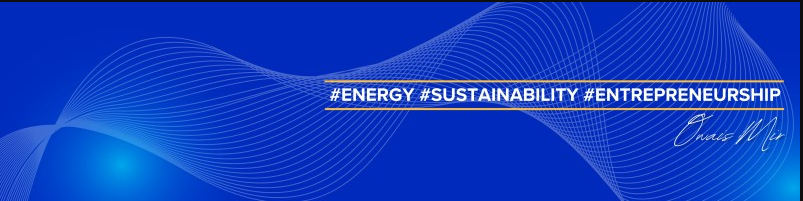 Owais Mir signature with energy, sustainability and entrepreneurship tags